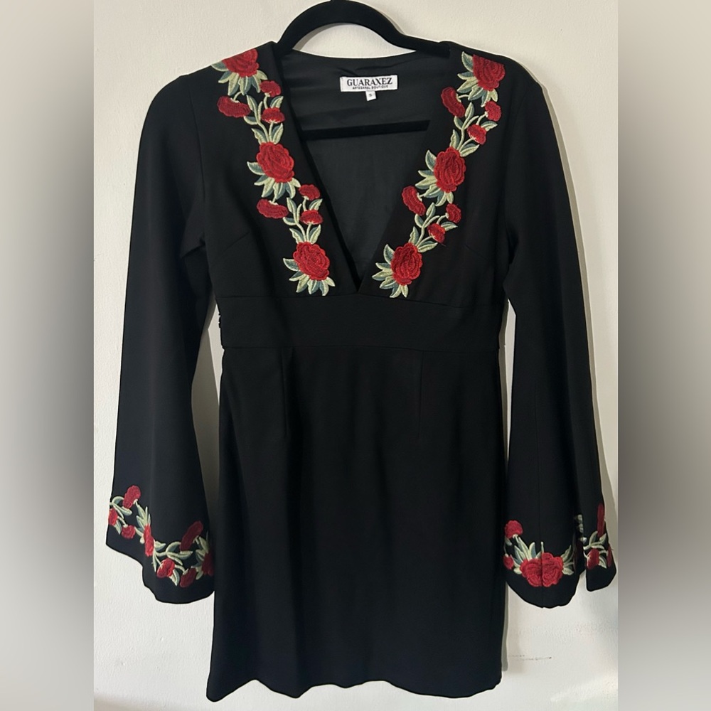Stunning Black Long Sleeve Dress Mini Dress with Red Floral Accents